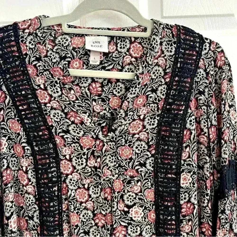 Knox Rose Floral Bell Long Sleeve Mini Dress Tunic Women L Dark Romance Crochet - Picture 7 of 13